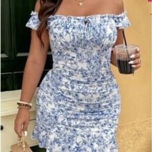Floral Off-Shoulder Blue and White Dress